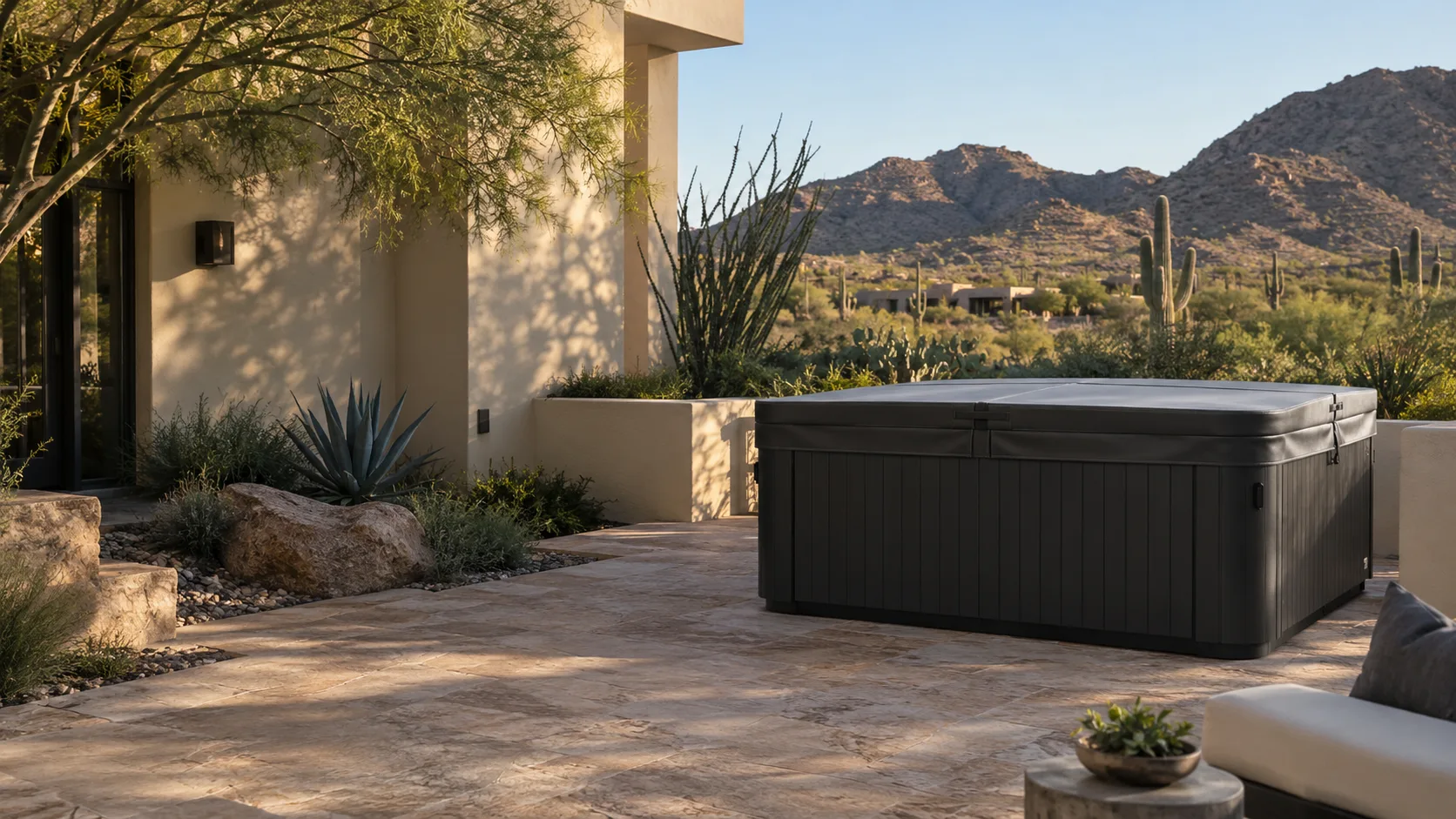 Illustrative Arizona courtyard with a covered hot tub and desert landscaping